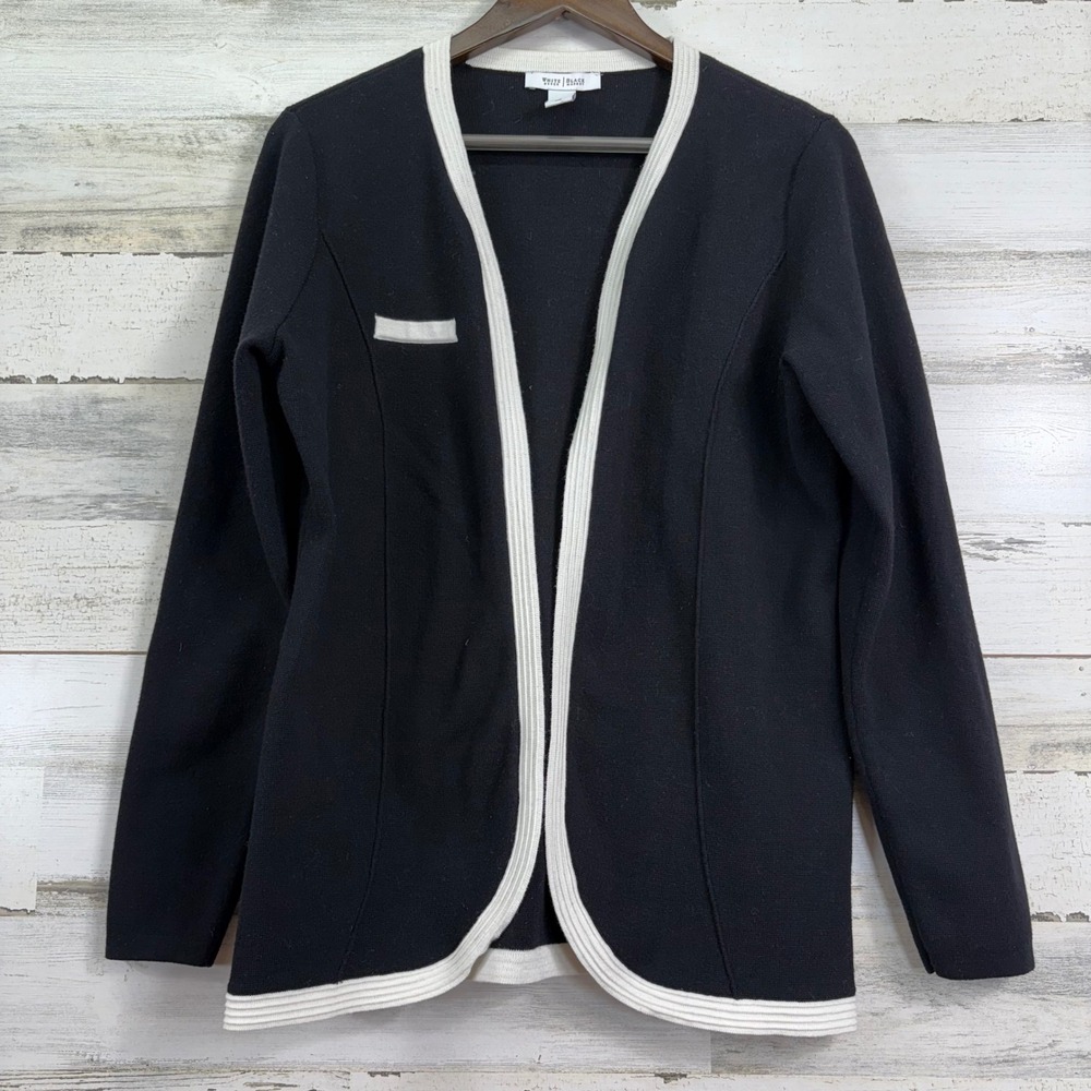 White House Black Market Black Knit White Trim Open Front Cardigan Sweater L